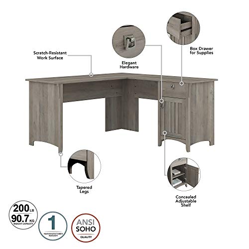 Bush Furniture Salinas L Shaped File 5-Shelf Bookcase | 3 Piece Living Room Furniture Set | Storage Cabinet, Bookshelf & Office Desk, 60W, Driftwood Gray