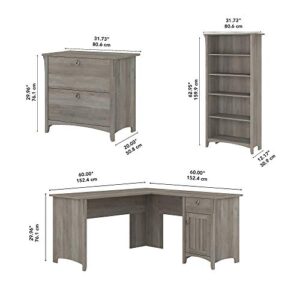 Bush Furniture Salinas L Shaped File 5-Shelf Bookcase | 3 Piece Living Room Furniture Set | Storage Cabinet, Bookshelf & Office Desk, 60W, Driftwood Gray