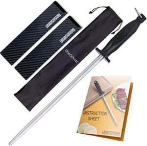 top chef’s 10' knife rod + knife guard honing steel complete kit | professional carbon steel honing rod & luxury carry bag – universal honing rod / stick for kitchen, butcher, chef knives and more(10)