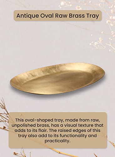 Serene Spaces Living Antique Oval Raw Brass Tray, Hammered Decorative Metal Tray Use as Holder for Accessories, Candles, Jewelry, Centerpiece for Kitchen or Dining Table, 17" Long, 11.5" Wide, 1" Tall