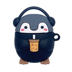 bontoujour earphone case compatible with airpods 1/2, super cute standing headphone penguin baby with milk tea in hand case, stylish kawaii soft silicone earbud protection skin -black