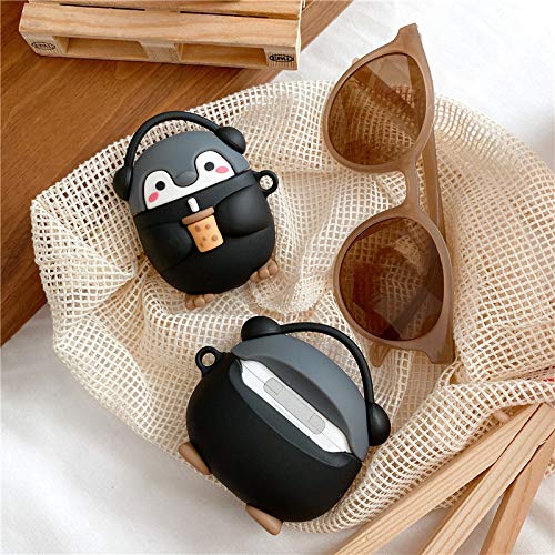 BONTOUJOUR Earphone Case Compatible with AirPods 1/2, Super Cute Standing Headphone Penguin Baby with Milk Tea in Hand Case, Stylish Kawaii Soft Silicone Earbud Protection Skin -Black