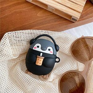 BONTOUJOUR Earphone Case Compatible with AirPods 1/2, Super Cute Standing Headphone Penguin Baby with Milk Tea in Hand Case, Stylish Kawaii Soft Silicone Earbud Protection Skin -Black