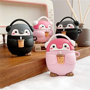 BONTOUJOUR Earphone Case Compatible with AirPods 1/2, Super Cute Standing Headphone Penguin Baby with Milk Tea in Hand Case, Stylish Kawaii Soft Silicone Earbud Protection Skin -Black