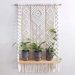 amiaedu macrame wall hanging shelf, handmade indoor boho rope plant pot basket hanger holder, rope plant hanger for wall decor (white)