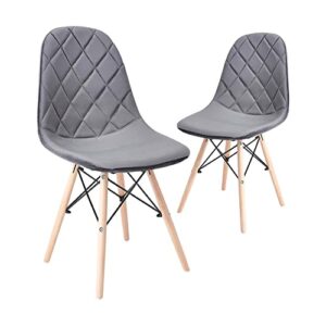 canglong mid century velvet upholstered dining chair with wood legs for kitchen, dining, living, guest, bed room side chair, set of 2, dark grey
