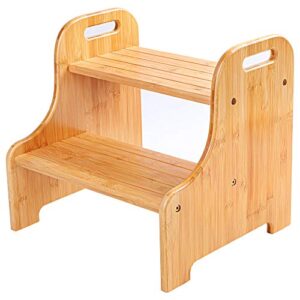bamboo 2 step stool with non-slip step treads and 2 cutout handles
