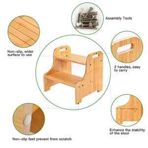 Bamboo 2 Step Stool with Non-Slip Step Treads and 2 Cutout Handles