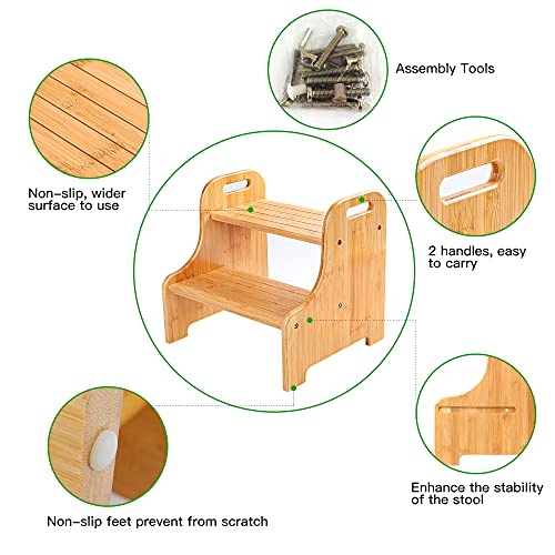 Bamboo 2 Step Stool with Non-Slip Step Treads and 2 Cutout Handles