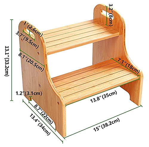 Bamboo 2 Step Stool with Non-Slip Step Treads and 2 Cutout Handles