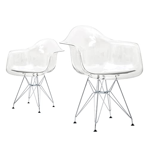 CangLong Clear Plastic Armchair Metal Legs Lounge Arm Chair for Kitchen, Dining, Living, Guest, Bed Room, Set of 2, Transparent 1