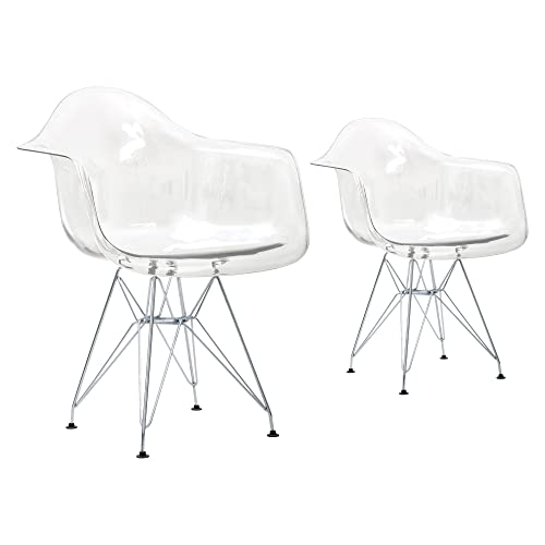 CangLong Clear Plastic Armchair Metal Legs Lounge Arm Chair for Kitchen, Dining, Living, Guest, Bed Room, Set of 2, Transparent 1
