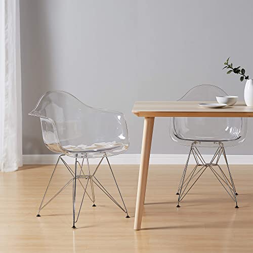 CangLong Clear Plastic Armchair Metal Legs Lounge Arm Chair for Kitchen, Dining, Living, Guest, Bed Room, Set of 2, Transparent 1