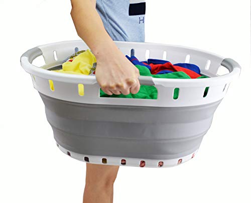 SAMMART 36L (9.5 Gallon) Collapsible 3 Handled Plastic Laundry Basket - Oval Basket - Foldable Storage Container/Organizer - Space Saving Laundry Hamper (White/Grey)