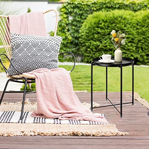 danpinera Metal Side Table, Black Side Table for Small Spaces Outdoor Patio Side Table Circle Metal Bedside Table Waterproof Removable Tray Round Accent Table for Nursery Bedroom Balcony Office Black