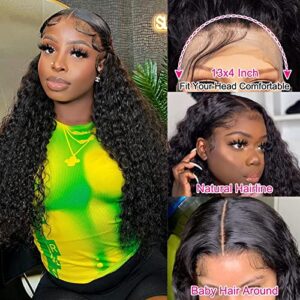 Water Wave Lace Front Wigs Human Hair Wigs for Black Women 13x4 Transparent Lace Frontal Wig Water Wave Wig Human Hair Glueless Wig Pre Plucked with Baby Hair 150% Density Curly Lace Front Wig Human Hair Wet and Wavy Wigs Natural Color 30 Inch