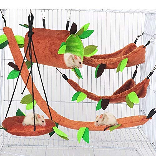 Aulufft Hamster Hammock, 5Pcs Hamster Sleeping Nest Hanging Tunnel and Swing for Sugar Glider Squirrel Playing Sleeping,Sugar Glider Toys Hamster Swing,Jungle Set Plush Warm Beds for Animal