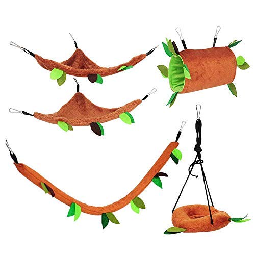 Aulufft Hamster Hammock, 5Pcs Hamster Sleeping Nest Hanging Tunnel and Swing for Sugar Glider Squirrel Playing Sleeping,Sugar Glider Toys Hamster Swing,Jungle Set Plush Warm Beds for Animal