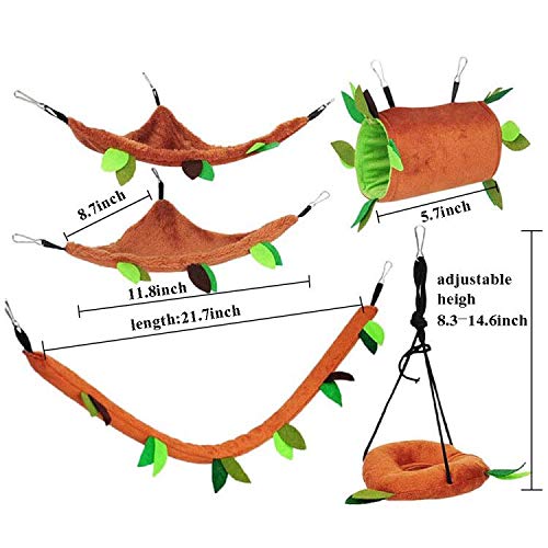 Aulufft Hamster Hammock, 5Pcs Hamster Sleeping Nest Hanging Tunnel and Swing for Sugar Glider Squirrel Playing Sleeping,Sugar Glider Toys Hamster Swing,Jungle Set Plush Warm Beds for Animal