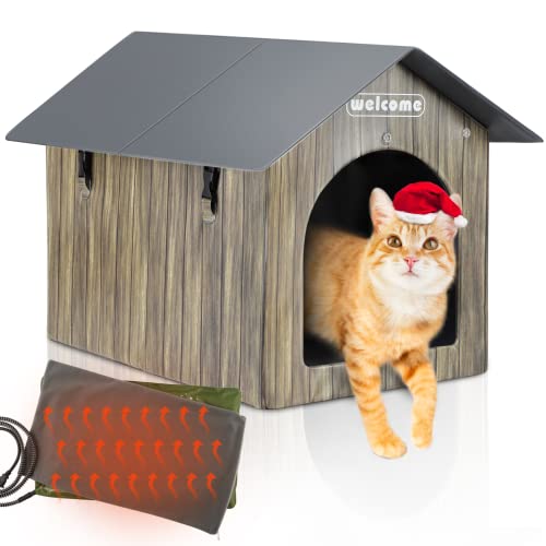 Heated Cat House, PETNF Waterproof Cat House for Indoor Outdoor Cats in Winter, 2 Doors Heated Cat Bed for Outside Feral Cats with Heated Pad, Weatherproof Insulated Kitty House Outdoor Shelter