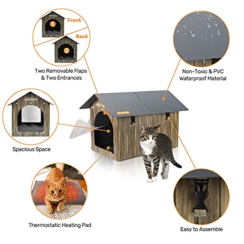 Heated Cat House, PETNF Waterproof Cat House for Indoor Outdoor Cats in Winter, 2 Doors Heated Cat Bed for Outside Feral Cats with Heated Pad, Weatherproof Insulated Kitty House Outdoor Shelter