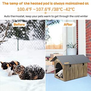 Heated Cat House, PETNF Waterproof Cat House for Indoor Outdoor Cats in Winter, 2 Doors Heated Cat Bed for Outside Feral Cats with Heated Pad, Weatherproof Insulated Kitty House Outdoor Shelter