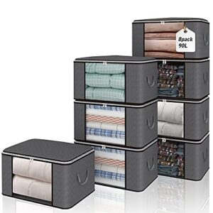 fixwal 8 pack large clothes blankets storage bags foldable organizer storage containers for comforters, bedding, clothing, fabric closet storage bins with sturdy zipper handle clear window, 90l grey