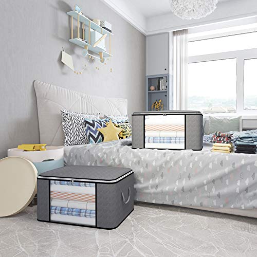 Fixwal 8 Pack Large Clothes Blankets Storage Bags Foldable Organizer Storage Containers for Comforters, Bedding, Clothing, Fabric Closet Storage Bins with Sturdy Zipper Handle Clear Window, 90L Grey