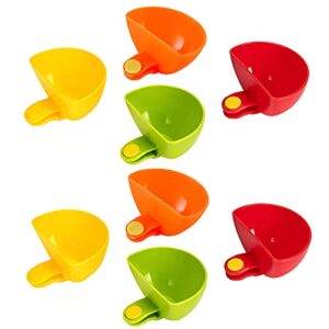wqhsl 8 pcs assorted dip clips for plate,progressive dip clips bowl plate holder,spice dip container for salt,tomato sauce,sugar,vinegar-4 colors(red,yellow,green,orange)