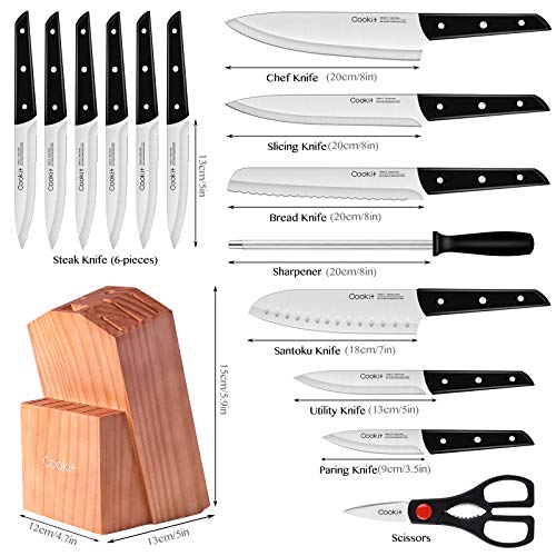 Knife Sets with Block, 15-Piece Kitchen Knife Set with Sharpener, Germany Stainless Steel Knife Block Set and Serrated Steak Knives