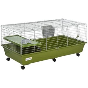 pawhut 47" small animal cage chinchilla guinea pig hutch ferret pet house with platform ramp, food dish, wheels, & water bottle