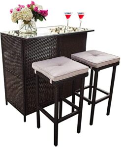 oakmont outdoor bar set 3-piece brown wicker patio furniture - glass bar and two stools with cushions for patios, backyards, porch, gardens or poolside