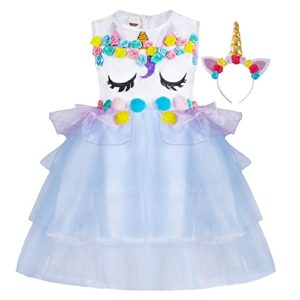 spooktacular creations unicorn princess pageant flower girl tutu dress rainbow skirt with headband and wings for kids (blue, small)