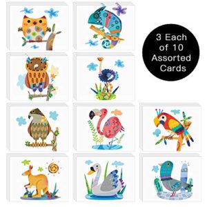 Box of 30 Blank Watercolor Note Cards with Envelopes - All Occasion Blank Greeting Cards (4 x 5.12 Inch) - Cute Animal Thank You Notecard (10 Designs, 3 Each) (Colorful animals)