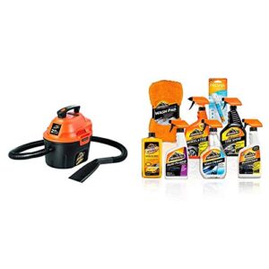 armor all, aa255, 2.5 gallon 2 peak hp wet/dry utility shop vacuum, orange and premier car care kit by, includes car wax & wash kit, glass cleaner, car air freshener, tire & wheel cleaner, 8 pieces
