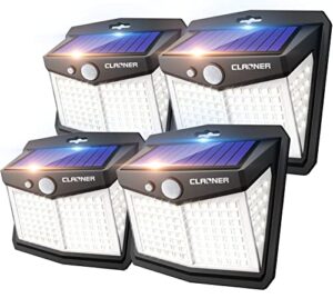 claoner solar lights outdoor, [128 led/4 packs] solar motion sensor lights 3 working modes outdoor lights with 270° wide angle wireless ip65 waterproof solar security light for fence patio, cold white
