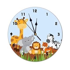 yyone decorative wall clock blue cute jungle baby animals wall clock round silent non ticking for office,kitchen,bedroom,living room 12 inches