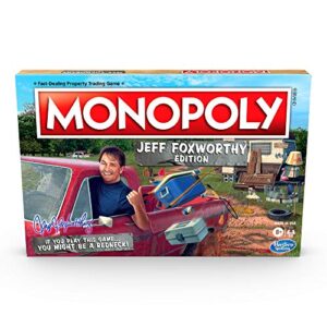 monopoly jeff foxworthy edition board game featuring redneck humor, fast-dealing property trading game for 2-6 players, ages 8 and up