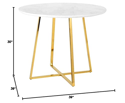 Limari Home Ruzzin Collection Modern Style Faux Marble 4 Persons Round Dining Table with Metal Base, White, Gold