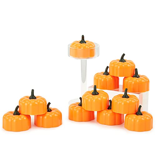 IMAGE Flickering Pumpkin Tea Lights 12 Pack Flickering LED Pumpkin Lights with Battery Operated Flameless Pumpkin Tealight Candles for Halloween, Christmas, Thanksgiving and Theme Parties