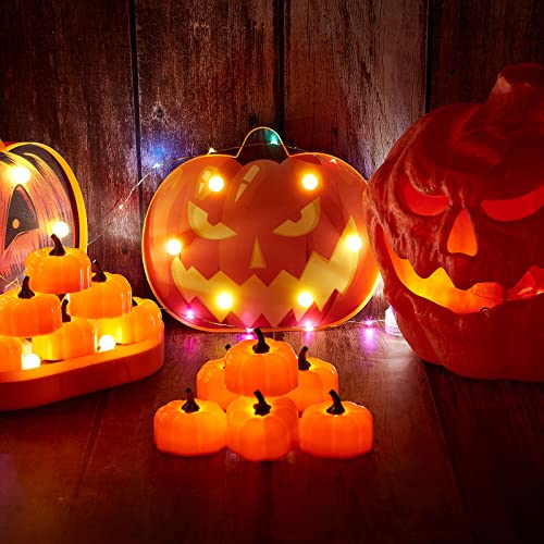 IMAGE Flickering Pumpkin Tea Lights 12 Pack Flickering LED Pumpkin Lights with Battery Operated Flameless Pumpkin Tealight Candles for Halloween, Christmas, Thanksgiving and Theme Parties