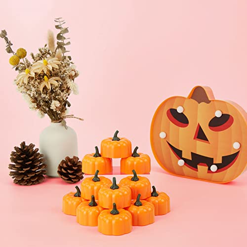 IMAGE Flickering Pumpkin Tea Lights 12 Pack Flickering LED Pumpkin Lights with Battery Operated Flameless Pumpkin Tealight Candles for Halloween, Christmas, Thanksgiving and Theme Parties