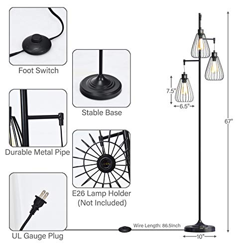 Tangkula 3 Lights Industrial Floor Lamp, Rustic 3-Head Tall Lamp, 67Inch Metal Standing Lamp, Tree Lamp with 3 Hanging Lampshade, Cage Floor Lighting for Farmhouse Living Room Kitchen Bedroom (Black)