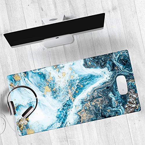 HAOCOO Desk Pad, Gaming Desk Mat,Large Mouse Pad for Desk, Extended Keyboard Mat 31.5" ×15.7", Water-Resistant Computer Mat with Non-Slip Rubber Base for Home Office Decor,Blue Mixed Marble