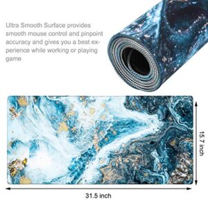 HAOCOO Desk Pad, Gaming Desk Mat,Large Mouse Pad for Desk, Extended Keyboard Mat 31.5" ×15.7", Water-Resistant Computer Mat with Non-Slip Rubber Base for Home Office Decor,Blue Mixed Marble