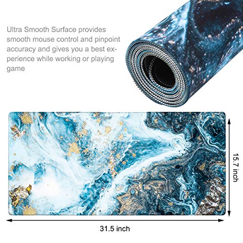 HAOCOO Desk Pad, Gaming Desk Mat,Large Mouse Pad for Desk, Extended Keyboard Mat 31.5" ×15.7", Water-Resistant Computer Mat with Non-Slip Rubber Base for Home Office Decor,Blue Mixed Marble