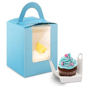 50 pack cupcake boxes individual, portable single cupcake carrier with window insert and handle, cupcake boxes individual blue for bakery wrapping