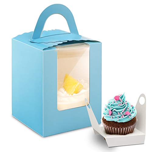 50 Pack Cupcake Boxes Individual, Portable Single Cupcake Carrier With Window Insert and Handle, Cupcake Boxes Individual Blue For Bakery Wrapping