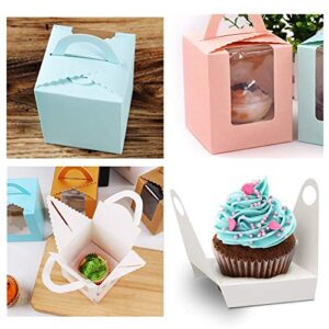 50 Pack Cupcake Boxes Individual, Portable Single Cupcake Carrier With Window Insert and Handle, Cupcake Boxes Individual Blue For Bakery Wrapping