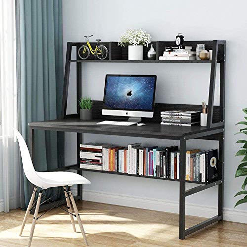 fgewrg 47 Inches Computer Desk with Bookshelf Modern Study Writing PC Laptop Table Workstation with Desktop Display Shelves Multipurpose Home Office Desk - US Stock (Black)